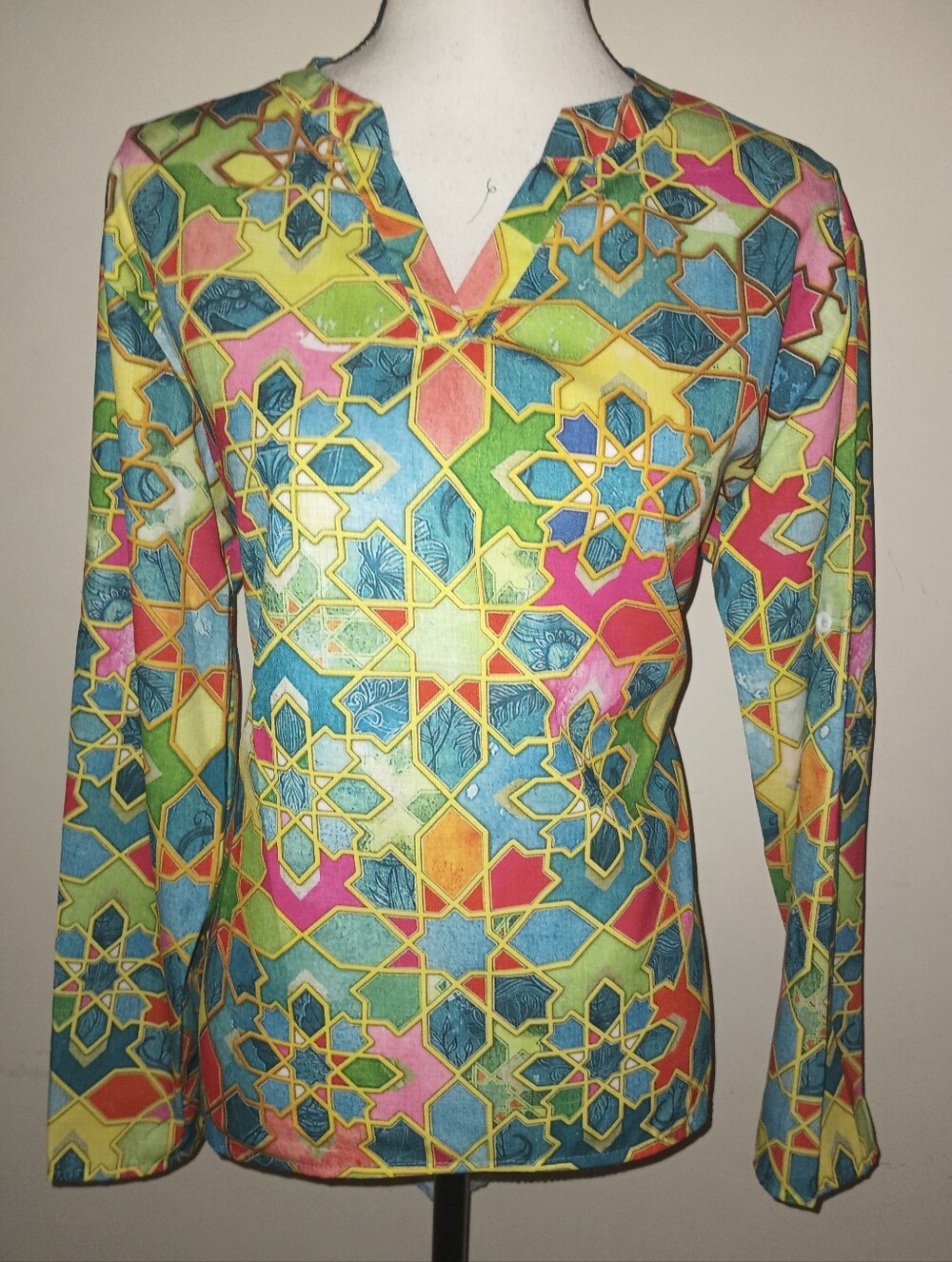 Multicolor Geometric Print Long-Sleeve Women’s Top SZL